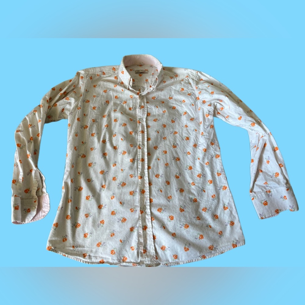 S Magic Men’s Collared Dress Shirt w/ orange floral pattern Medium (Slim) EUC - Picture 3 of 8